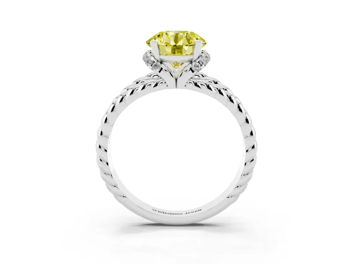 Fancy Yellow Round Cut Halo Twisted Band Four-Prong Ring Silver