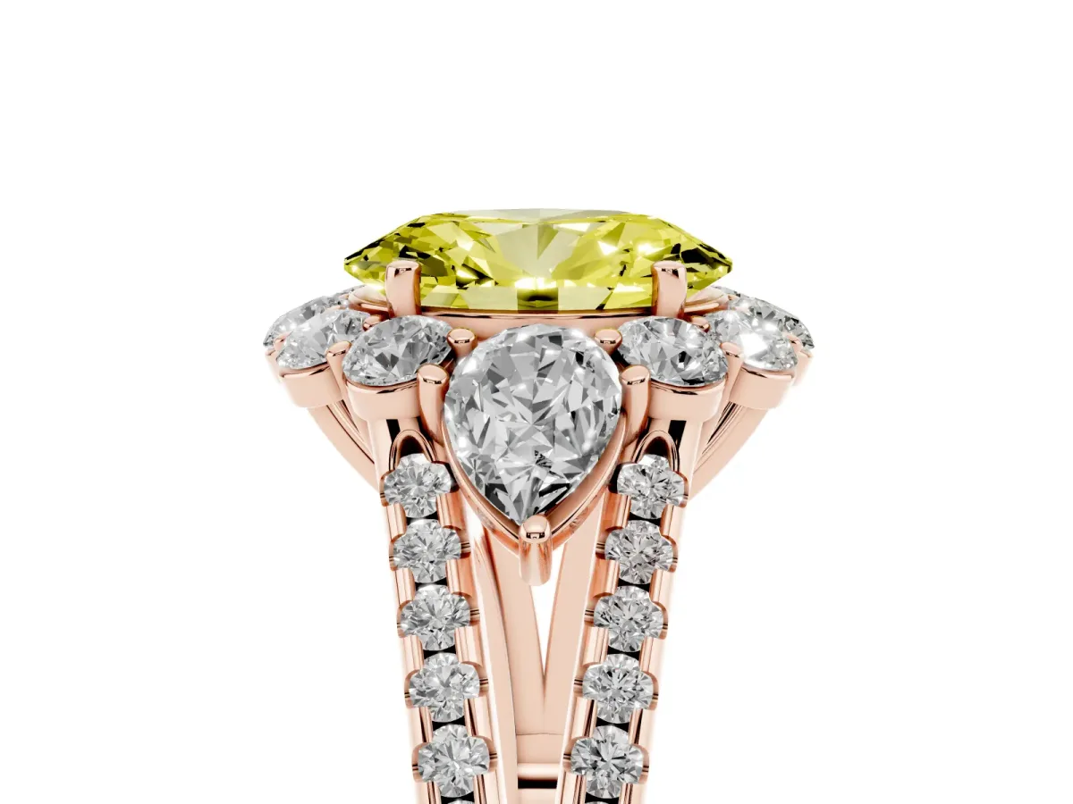 Fancy Yellow Oval Cut Halo Split Shank Diamond Engagement Ring with Prong Setting Rose gold
