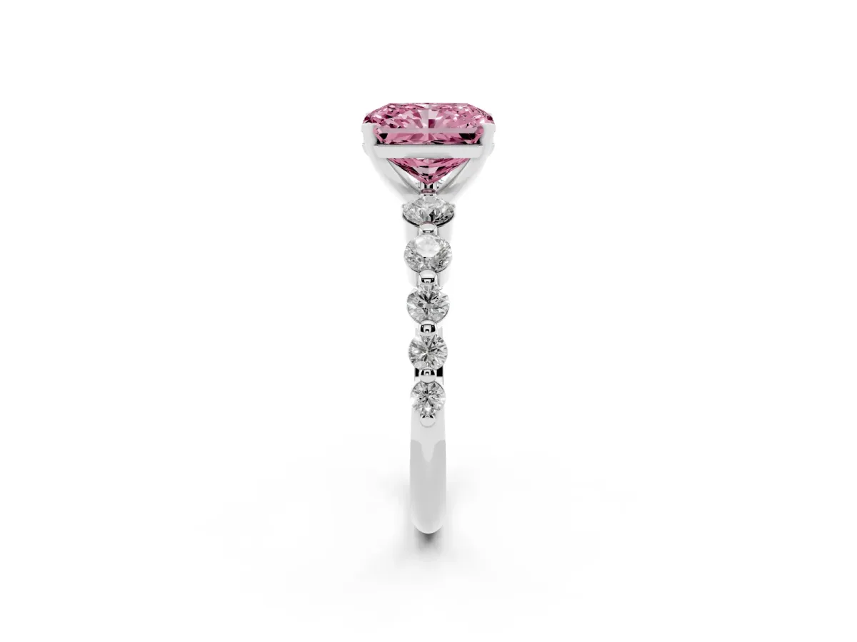 Fancy Pink Radiant Cut Solitaire Diamond Ring with Pave Band and Four-Prong Setting Silver