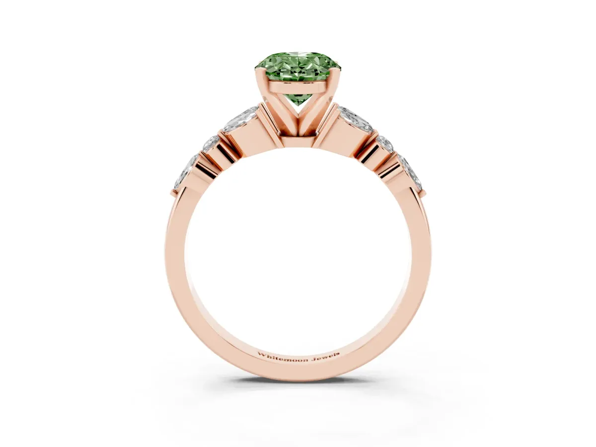 Fancy Green Oval Cut Diamond Solitaire Ring with Side Stones and Four-Prong Setting Rose gold