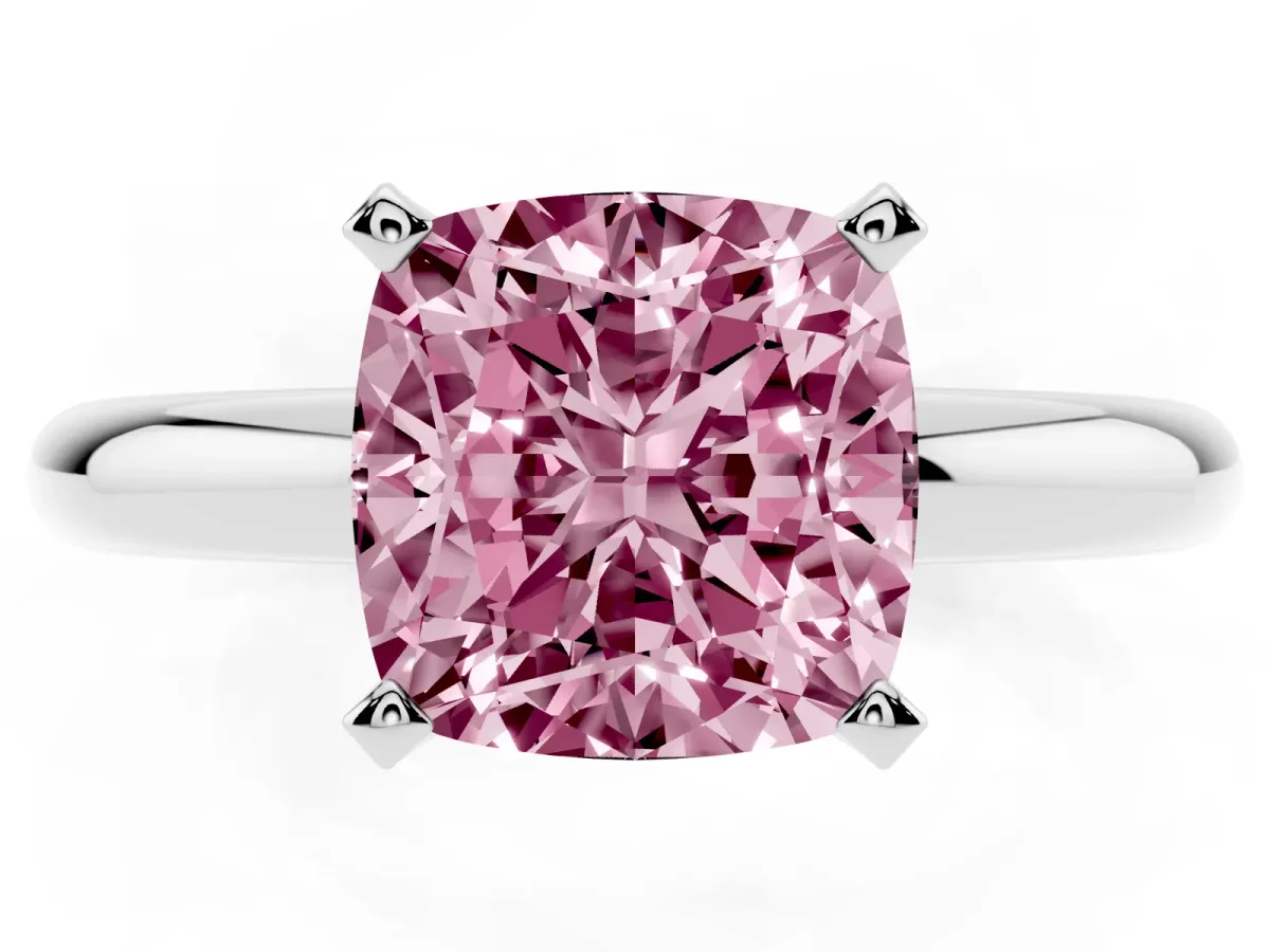 Fancy Pink Cushion Cut Diamond Solitaire Engagement Ring with Round Band and Four-Prong Setting White gold