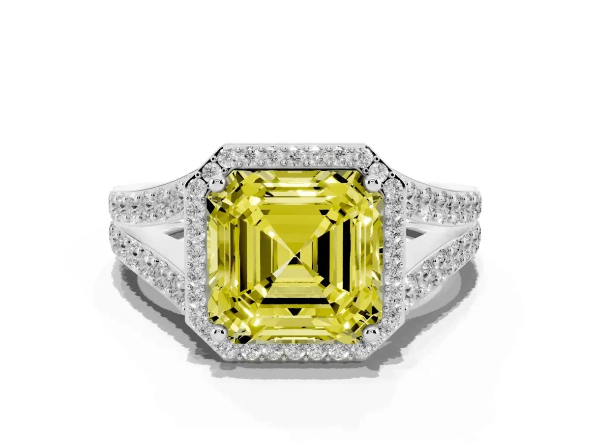 Fancy Yellow Asscher Cut Diamond Split Shank Halo Ring with Four-Prong Setting White gold