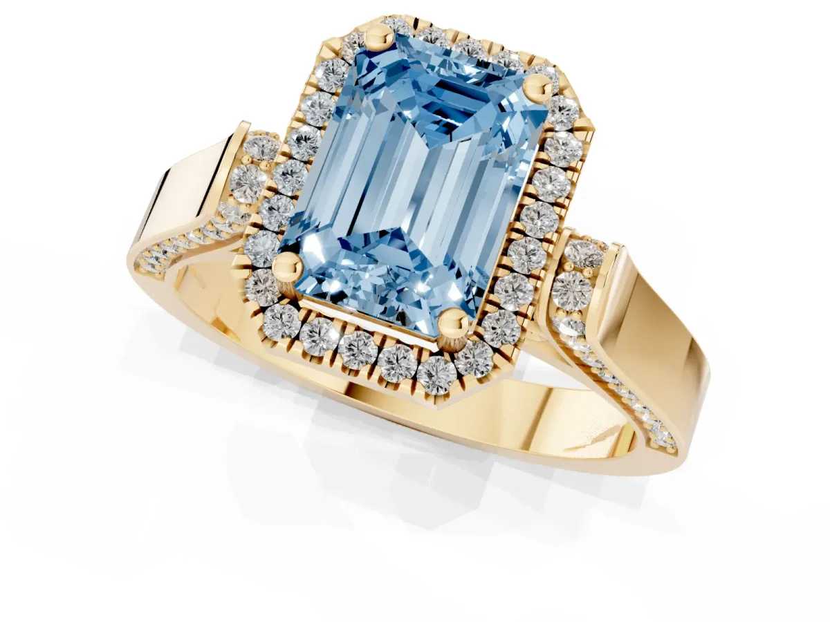 Fancy Blue Emerald Cut Halo Pave Split Shank Prong Setting Ring Yellow gold