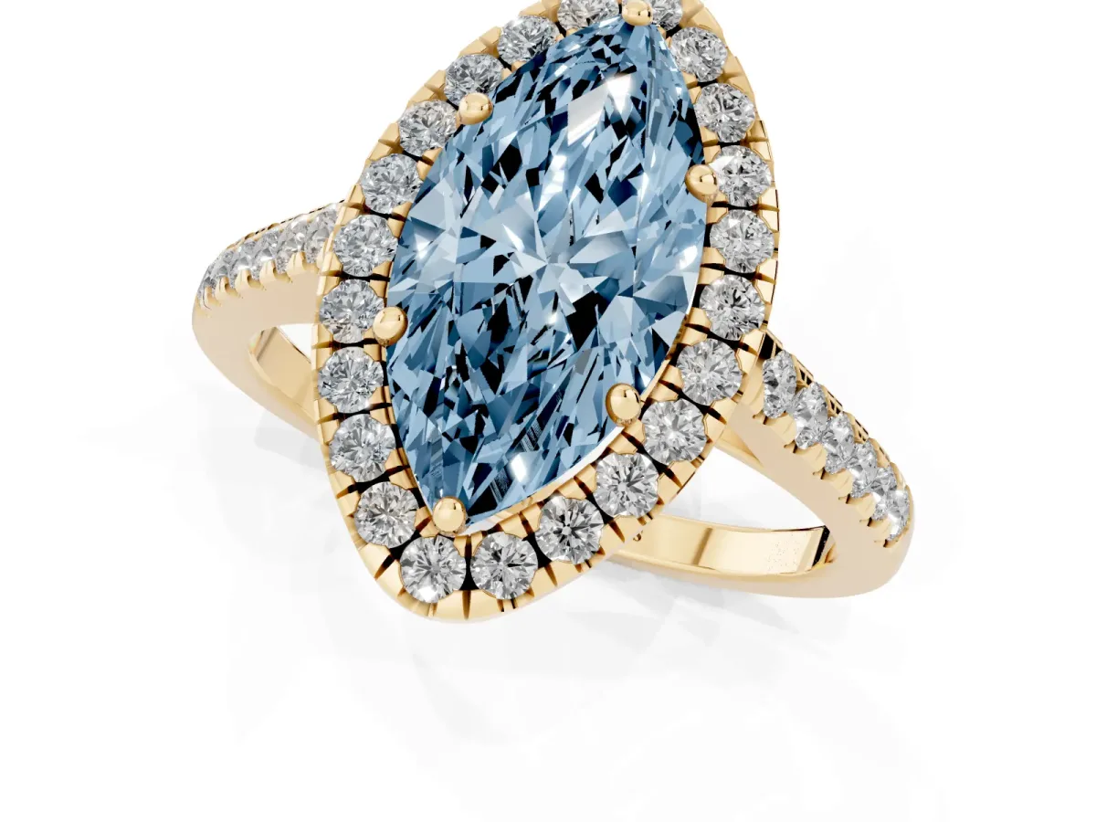 Fancy Blue Marquise Cut Halo Pave Diamond Engagement Ring with Four-Prong Setting Yellow gold