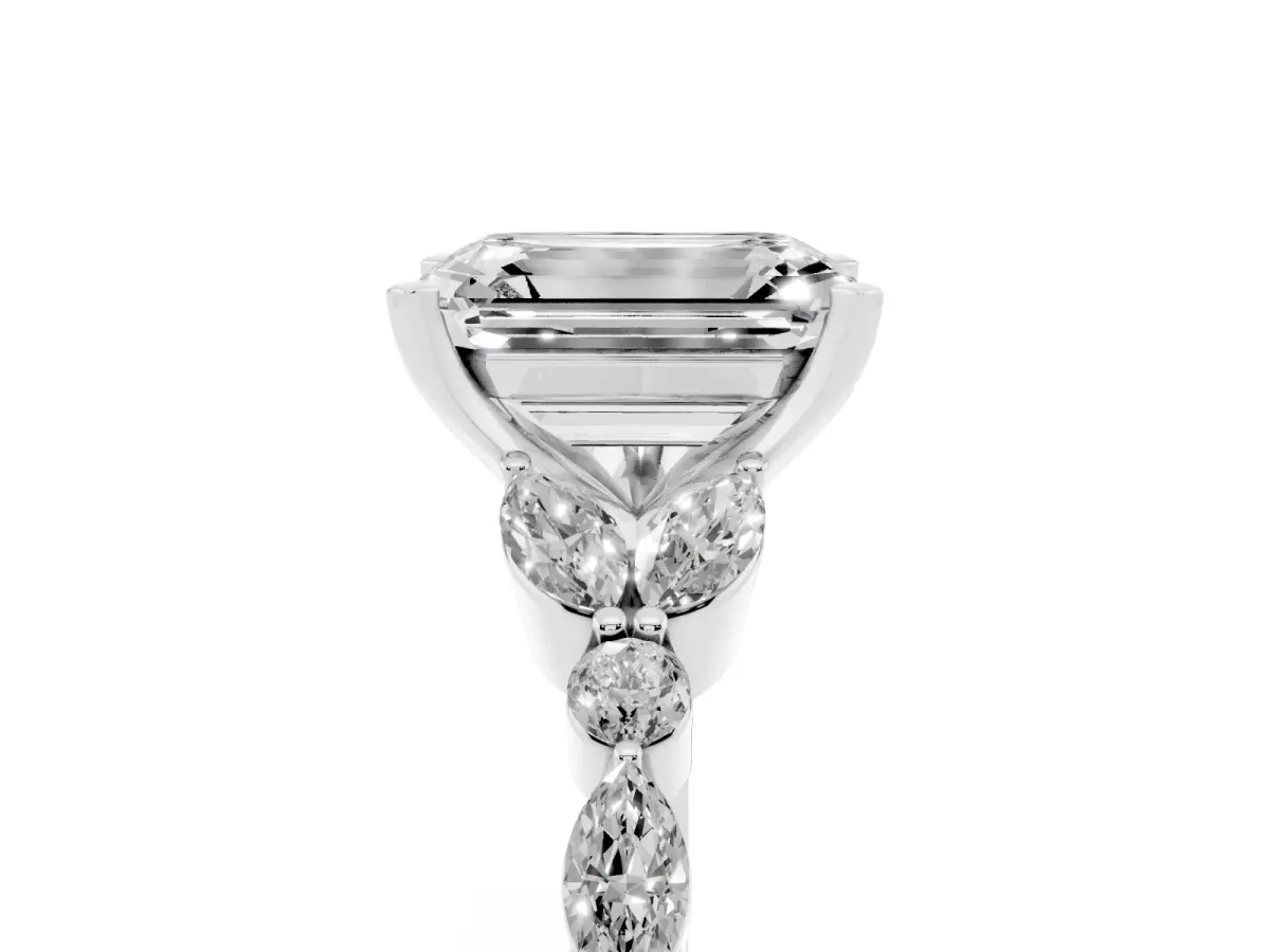 Emerald Cut Diamond Solitaire Ring with Side Stones and Four-Prong Setting Platinum