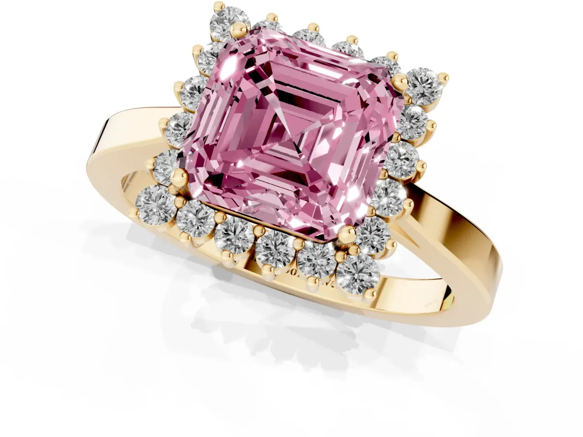 Fancy Pink Asscher Cut Cut Diamond Halo Ring with Round Brilliant Halo and Solitaire Band Yellow gold