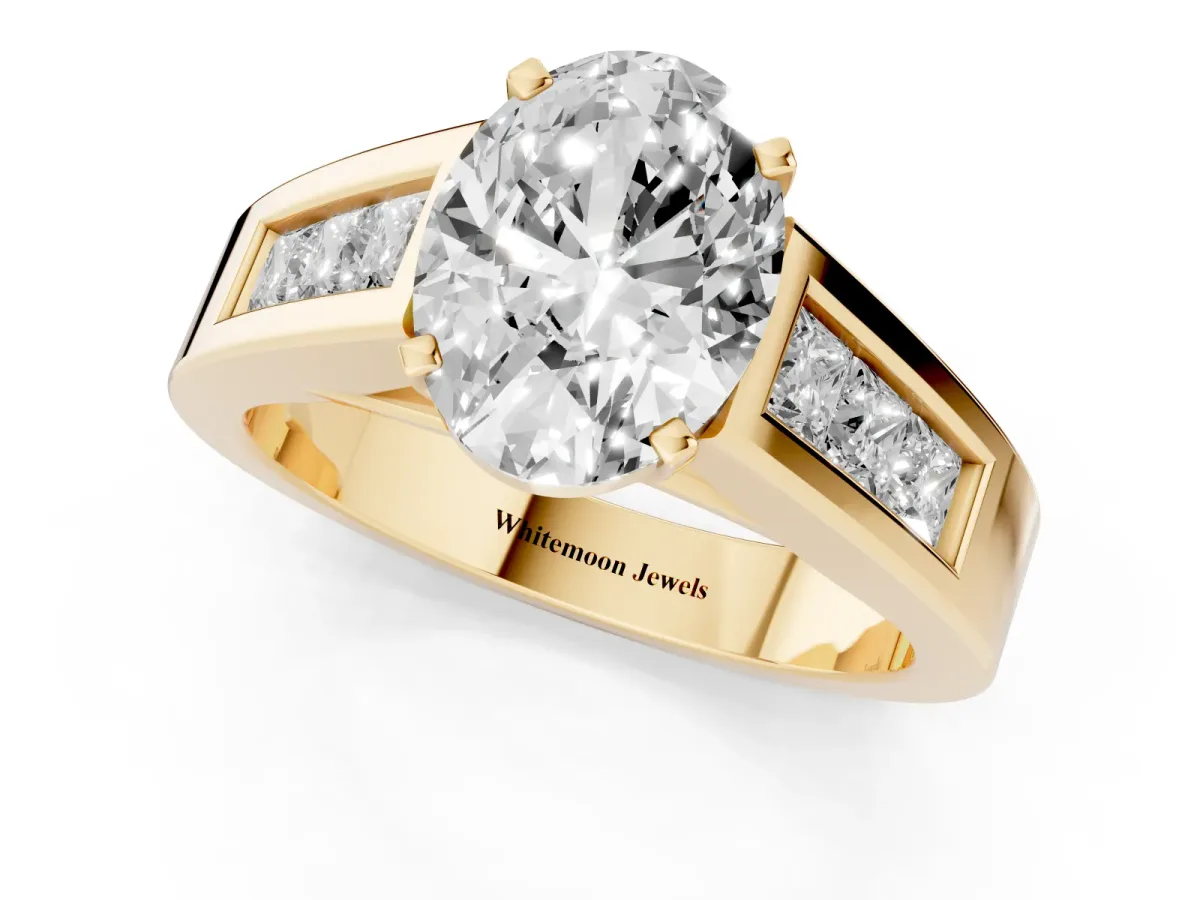 Oval Cut Cut Channel Set Solitaire Ring with Four-Prong Setting Yellow gold