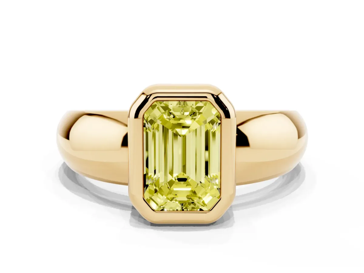 Fancy Yellow Bezel Set Emerald Cut Solitaire Ring with Wide Band Yellow gold