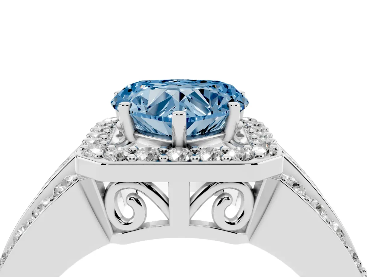 Fancy Blue Heart Cut Halo Diamond Ring with Round Split Shank and Prong Setting Silver
