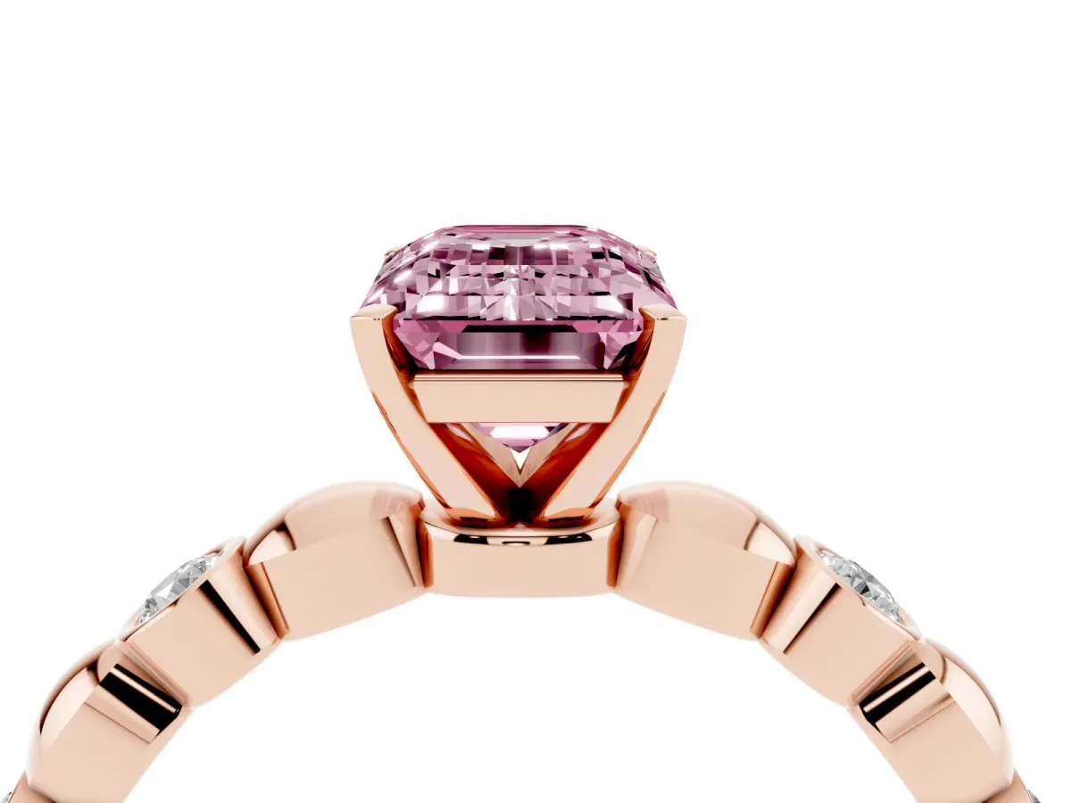 Fancy Pink Emerald Cut Solitaire Bezel-Set Diamond Ring with Beaded Band and Four-Prong Setting Rose gold