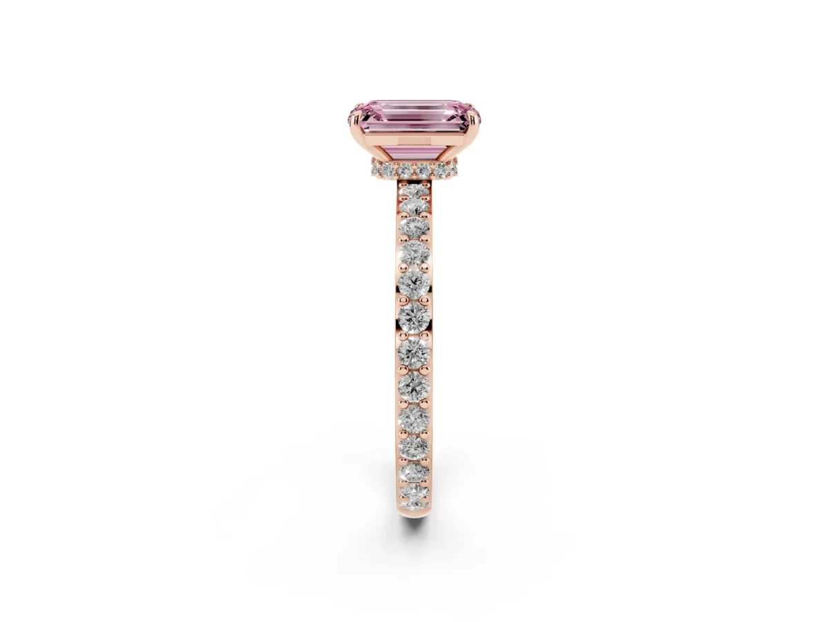 Fancy Pink Emerald Cut Diamond Solitaire Engagement Ring with Pavé Band and Four-Prong Setting Rose gold