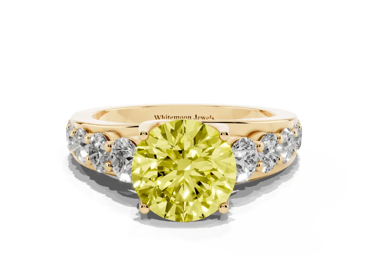 Fancy Yellow Round Cut Diamond Engagement Ring with Pavé Band and Four-Prong Setting Yellow gold