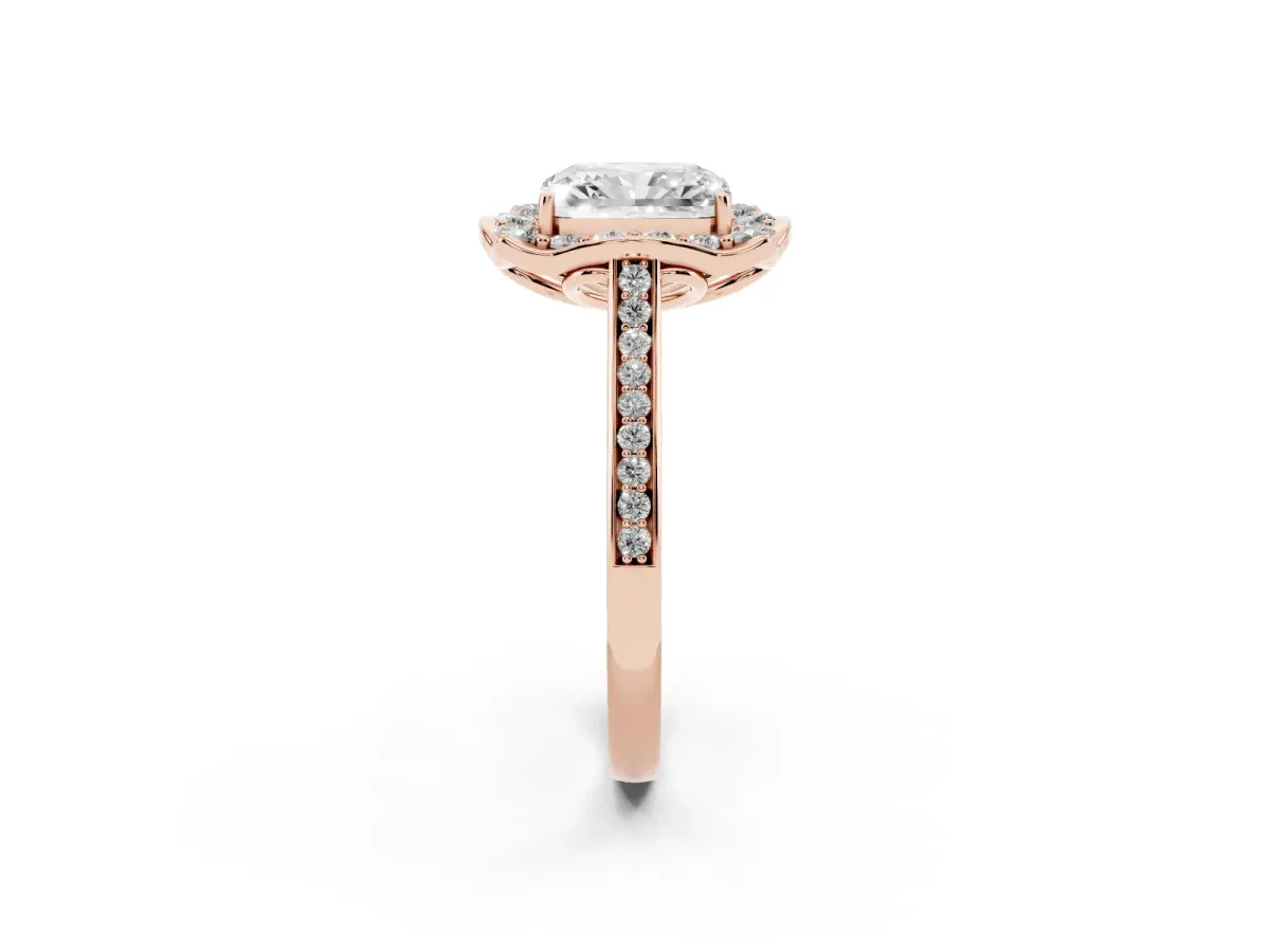 Radiant Cut Halo Round Diamond Pave Band with Four-Prong Setting Rose gold