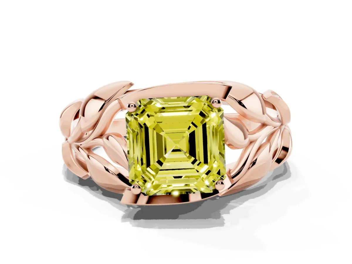 Fancy Yellow Asscher Cut Diamond Leaf-Inspired Engagement Ring with Round Accents and Prong Setting Rose gold