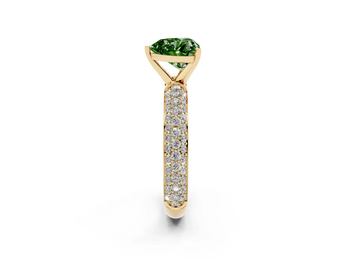 Fancy Green Heart Cut Diamond Solitaire Ring with Prong Setting and Pavé Band Yellow gold