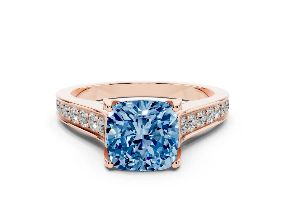 Fancy Blue Cushion Cut Brilliant Cut Diamond Engagement Ring with Pavé Band and Four-Prong Setting Rose gold