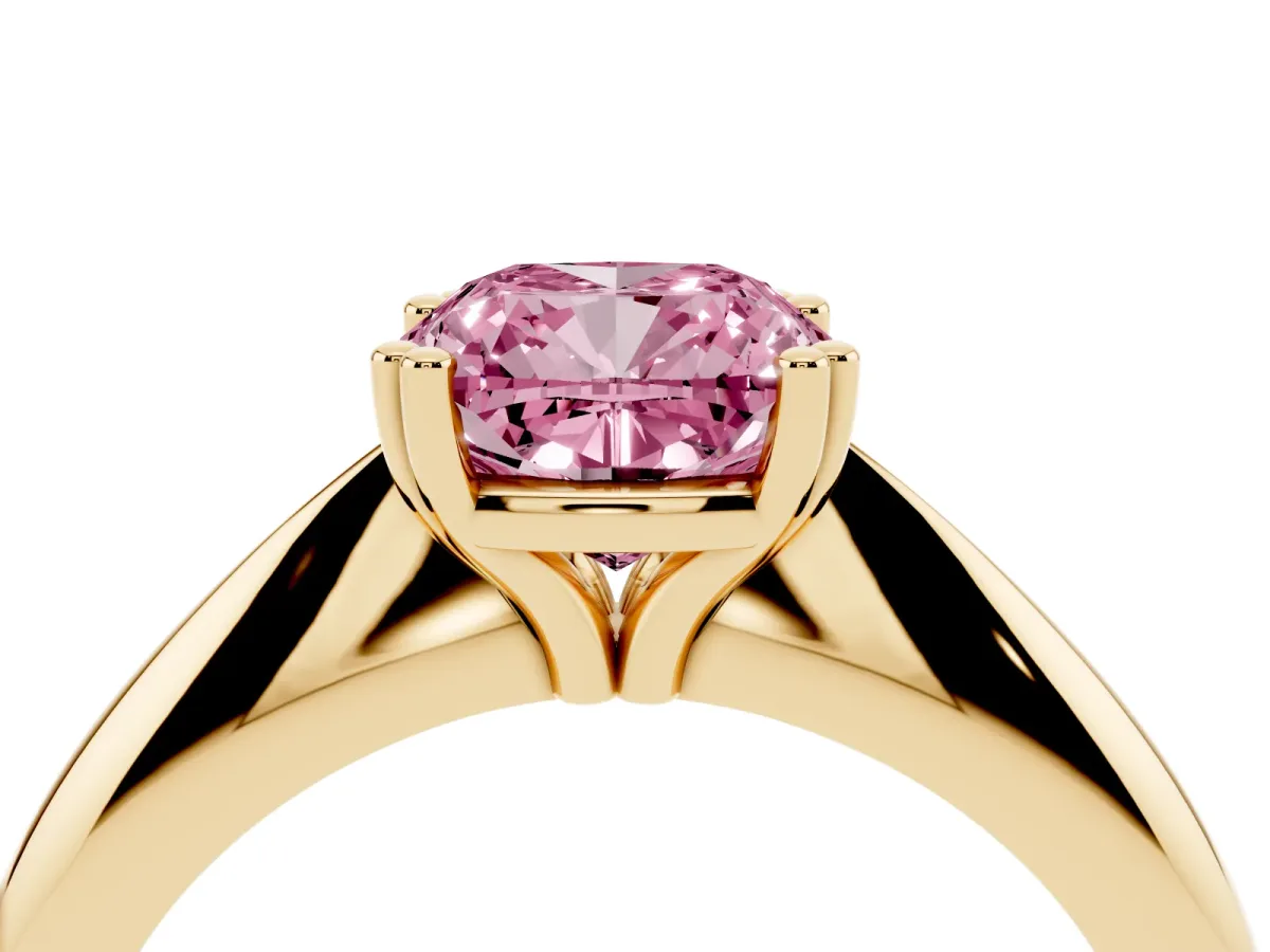 Fancy Pink Cushion Cut Cut Solitaire Engagement Ring with Tapered Band and Four-Prong Setting Yellow gold