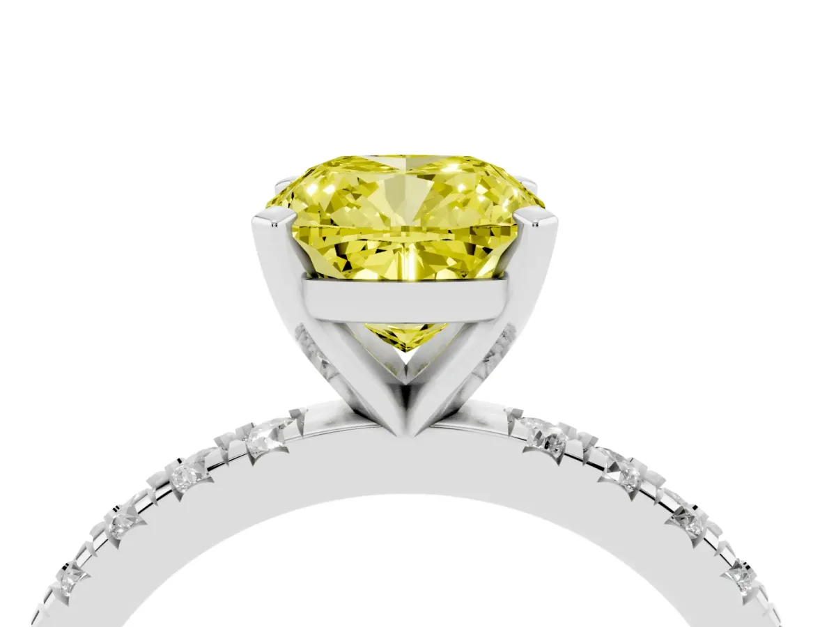 Fancy Yellow Cushion Cut Diamond Pavé Band Solitaire with Four-Prong Setting Silver