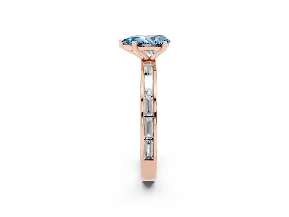 Fancy Blue Pear Cut Solitaire Diamond Ring with Channel-Set Baguette Band and Four-Prong Setting Rose gold
