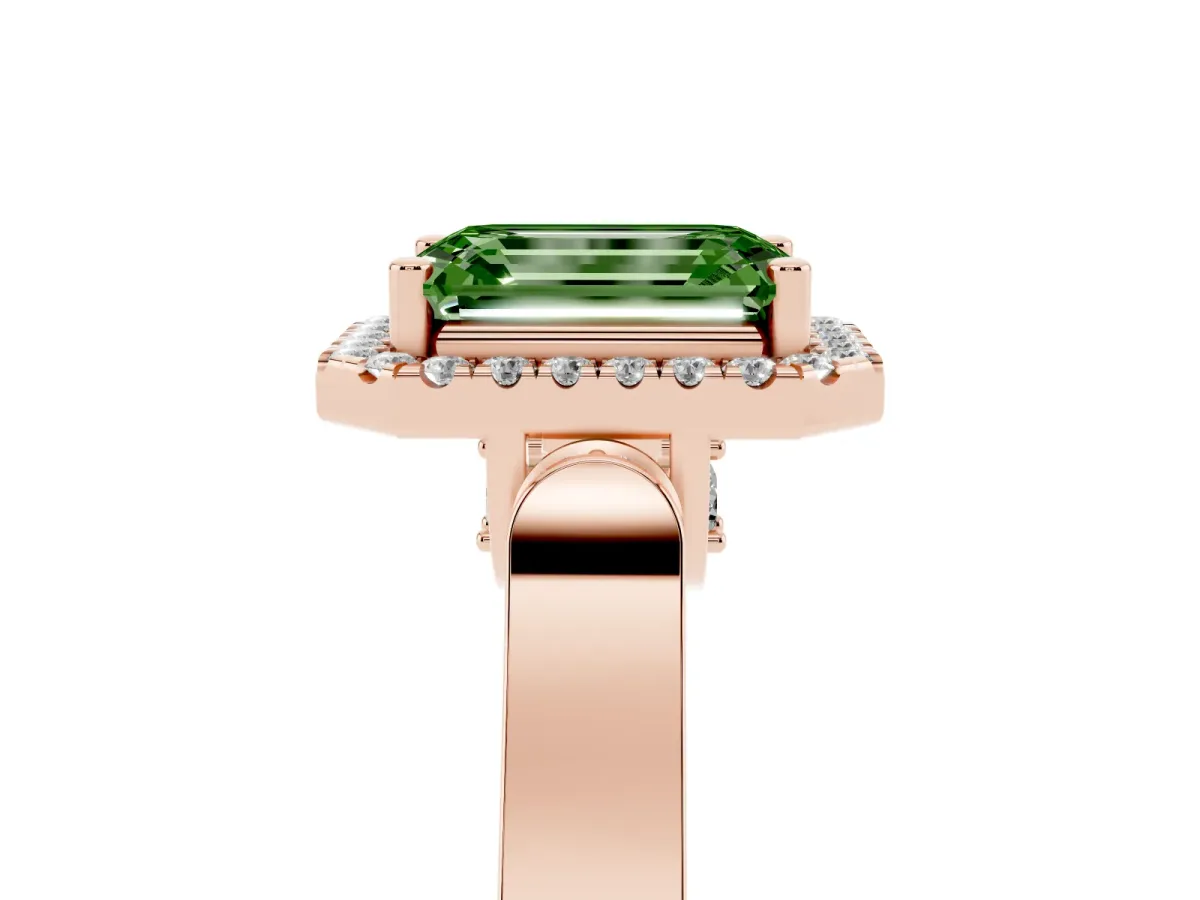 Fancy Green Emerald Cut Halo Pave Split Shank Prong Setting Ring Rose gold