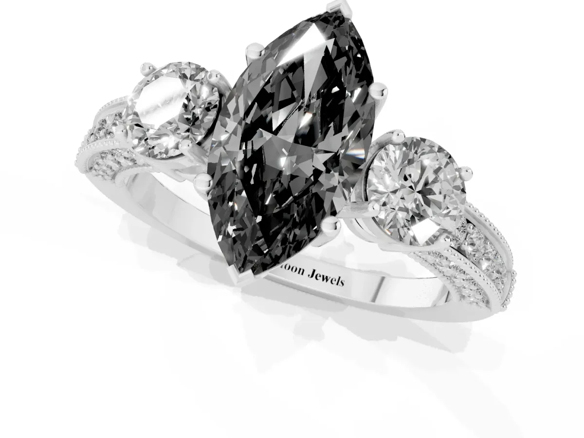 Fancy Black Marquise Cut Three-Stone Diamond Ring with Pavé Band and Four-Prong Setting Silver