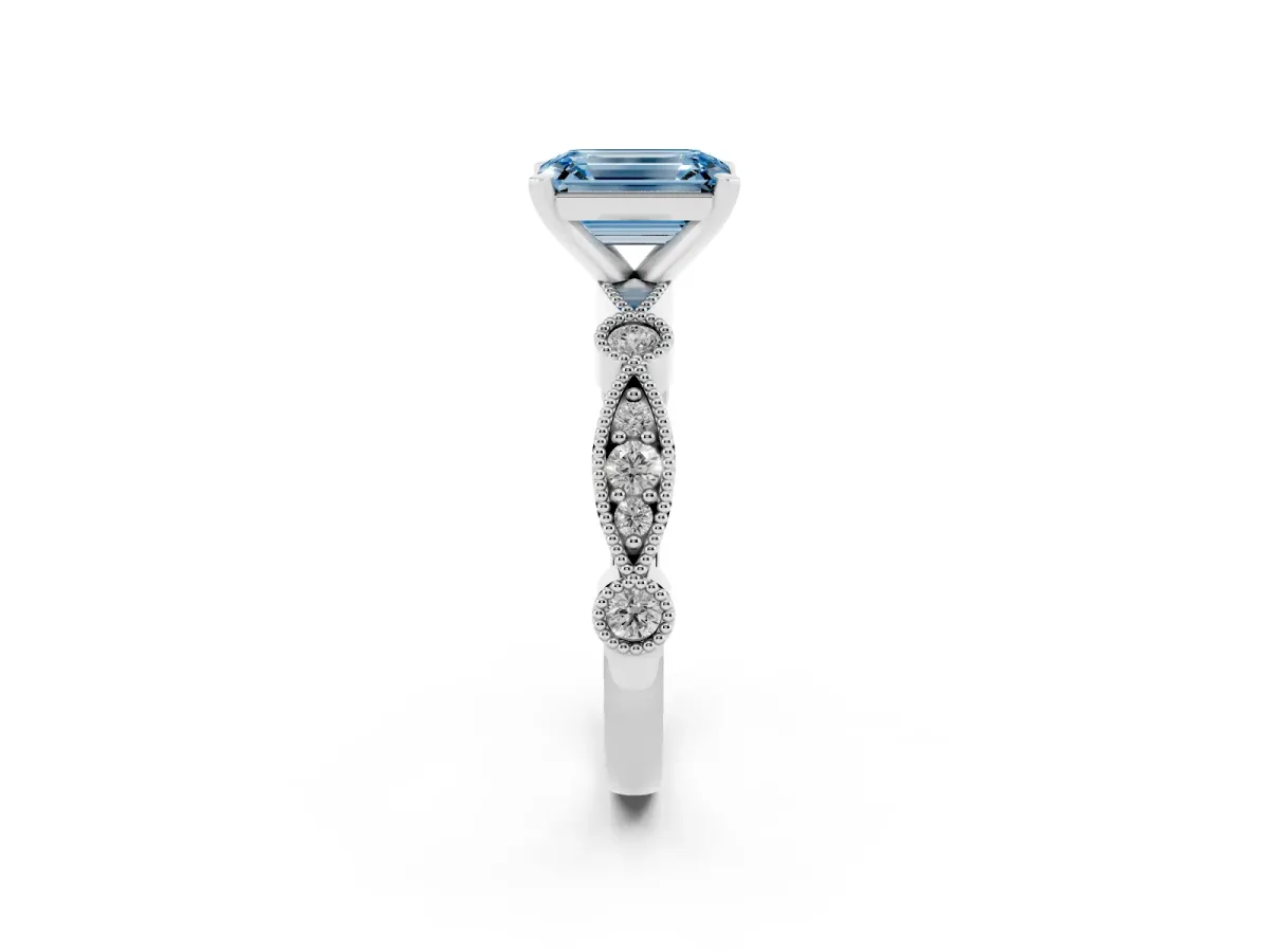 Fancy Blue Emerald Cut Milgrain Bezel Diamond Engagement Ring with Solitaire Prong Setting White gold