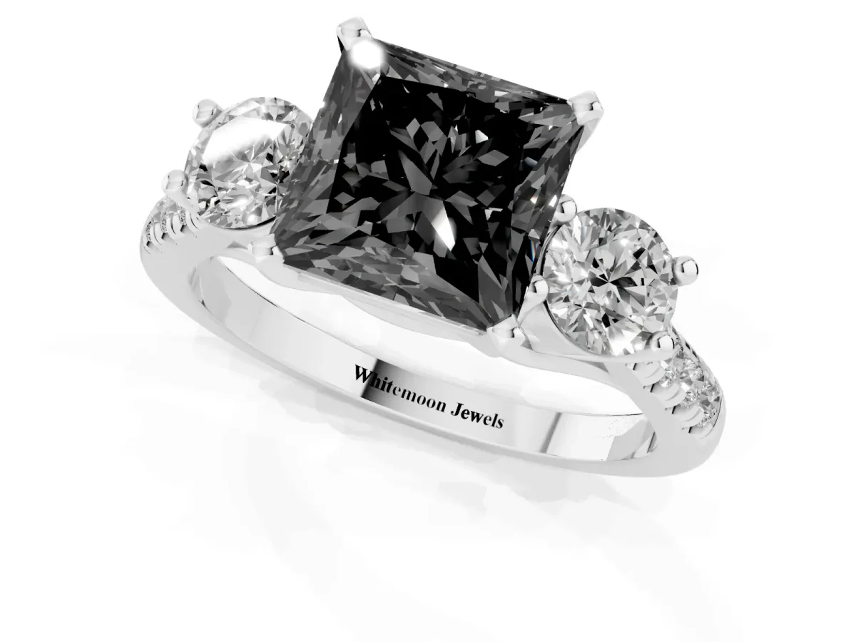 Fancy Black Three-Stone Princess Cut Diamond Pavé Band with Four-Prong Setting Silver