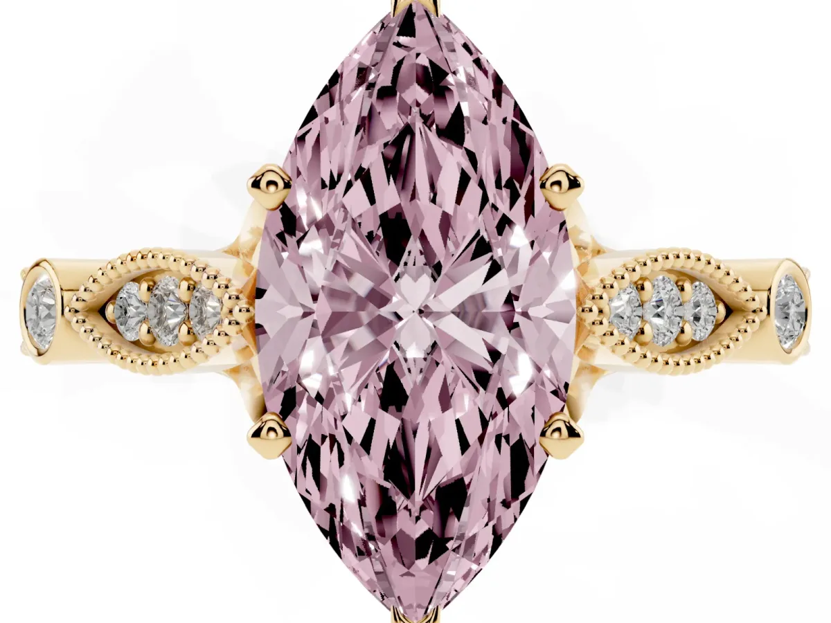 Fancy Pink Marquise Cut Cut Diamond with Milgrain Marquise and Bezel Accents on a Solitaire Band with Prong Setting Yellow gold