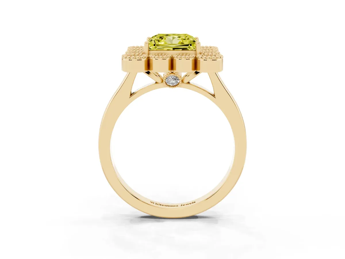 Fancy Yellow Princess Cut Halo Diamond Cluster Engagement Ring with Milgrain Bezel Setting and Solitaire Band Yellow gold