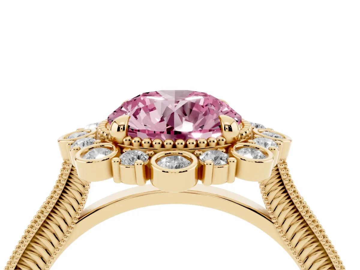Fancy Pink Round Cut Halo Milgrain Pave Diamond Ring with Four-Prong Setting Yellow gold
