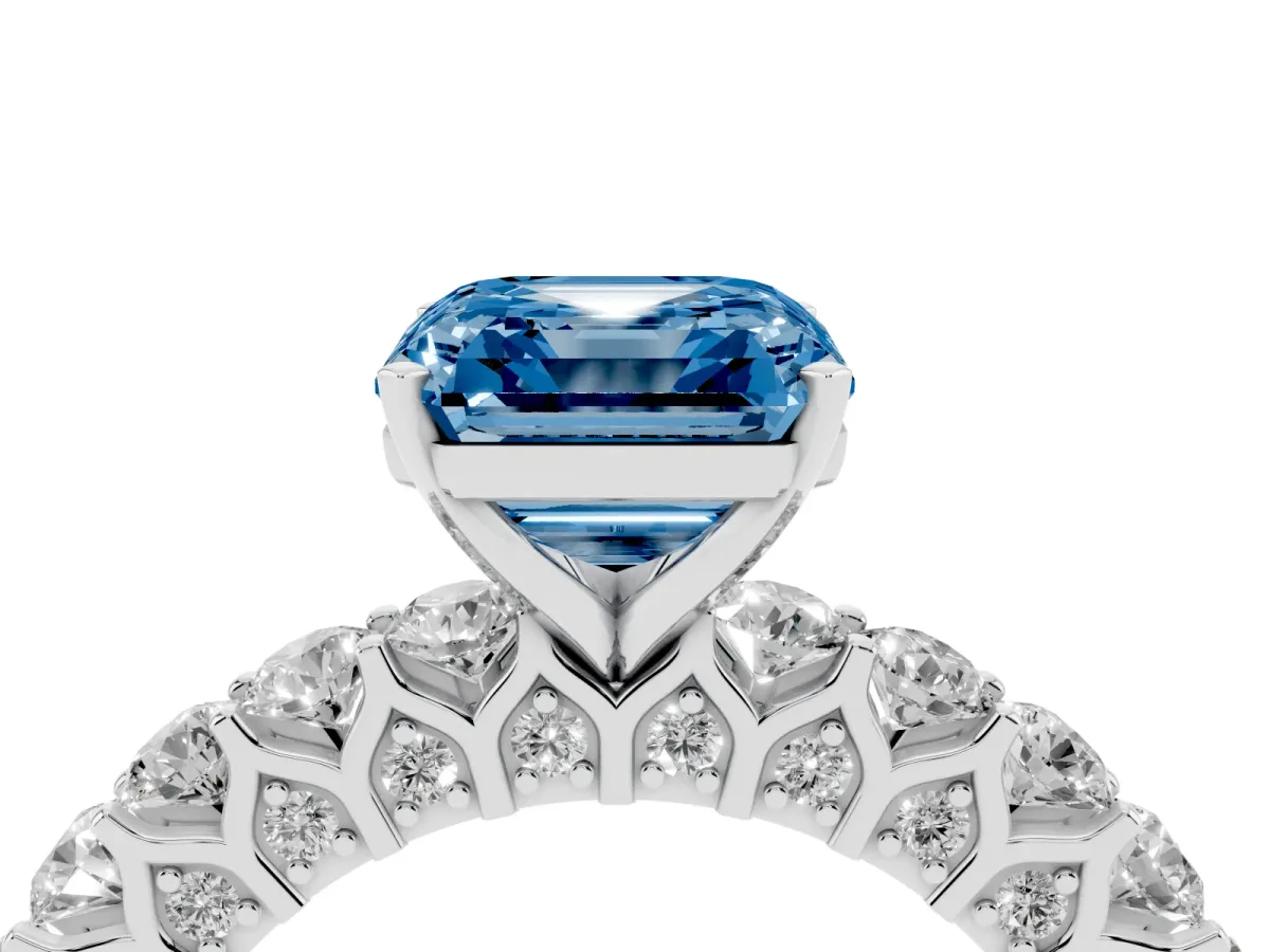 Fancy Blue Asscher Cut Diamond Solitaire Ring with Shared Prong Pavé Band and Four-Prong Setting Silver