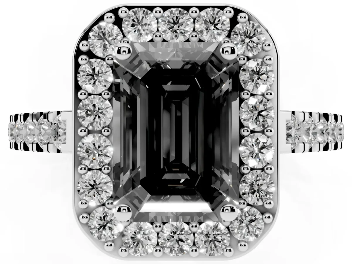 Fancy Black Emerald Cut Diamond Halo Ring with Round Pavé Split Shank and Prong Setting Platinum