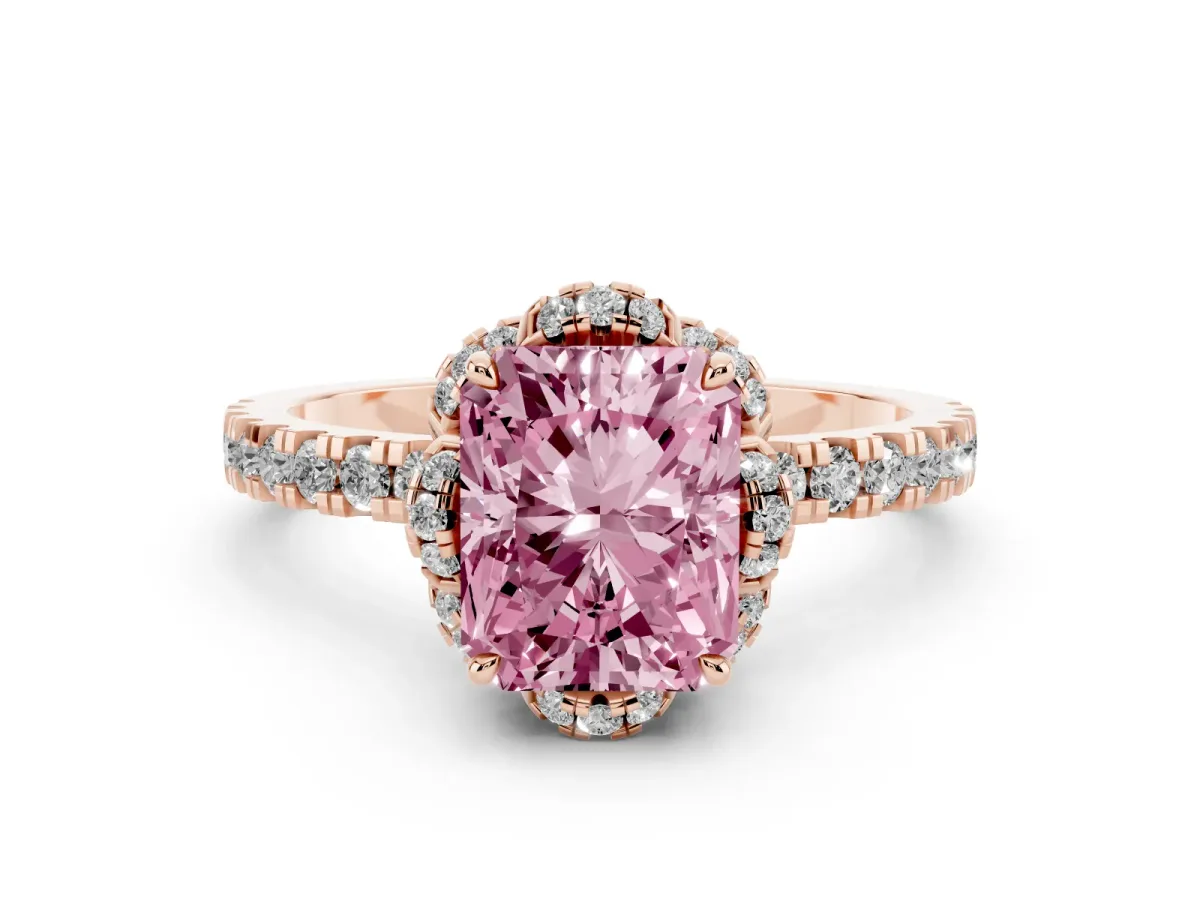 Fancy Pink Radiant Cut Halo Diamond Pave Band Ring with Four-Prong Setting Rose gold