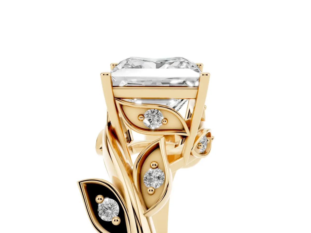 Princess Cut Solitaire Twist Engagement Ring with Leaf Accents and Prong Setting Yellow gold