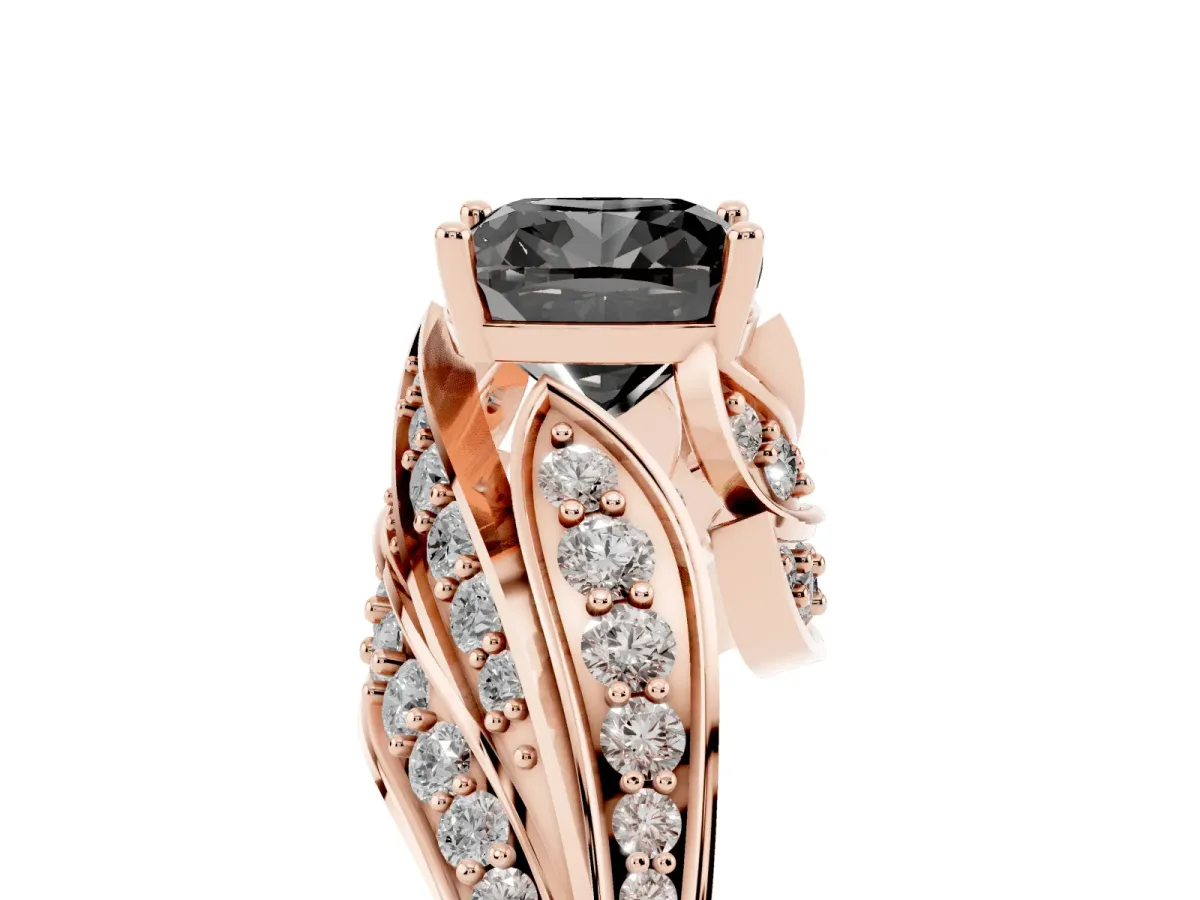 Fancy Black Cushion Cut Diamond Solitaire Ring with Prong Setting and Twisted Pavé Band Rose gold