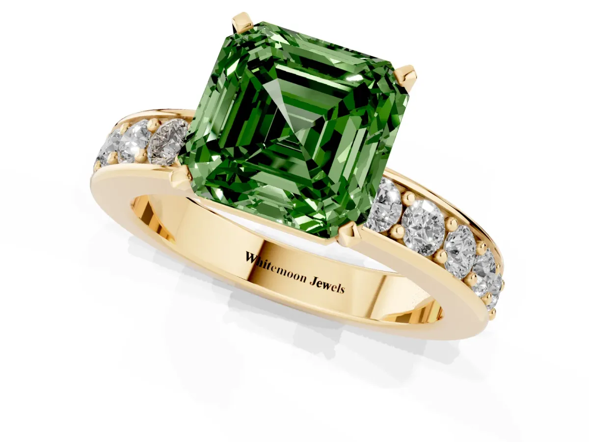 Fancy Green Asscher Cut Diamond Engagement Ring with Channel Set Round Band and Prong Setting Yellow gold