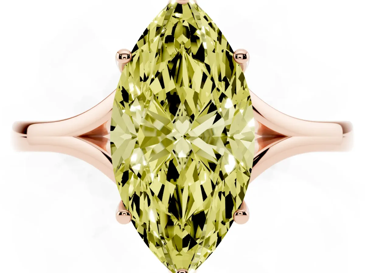 Fancy Yellow Marquise Cut Solitaire Diamond Ring with Six-Prong Setting and Tapered Band Rose gold