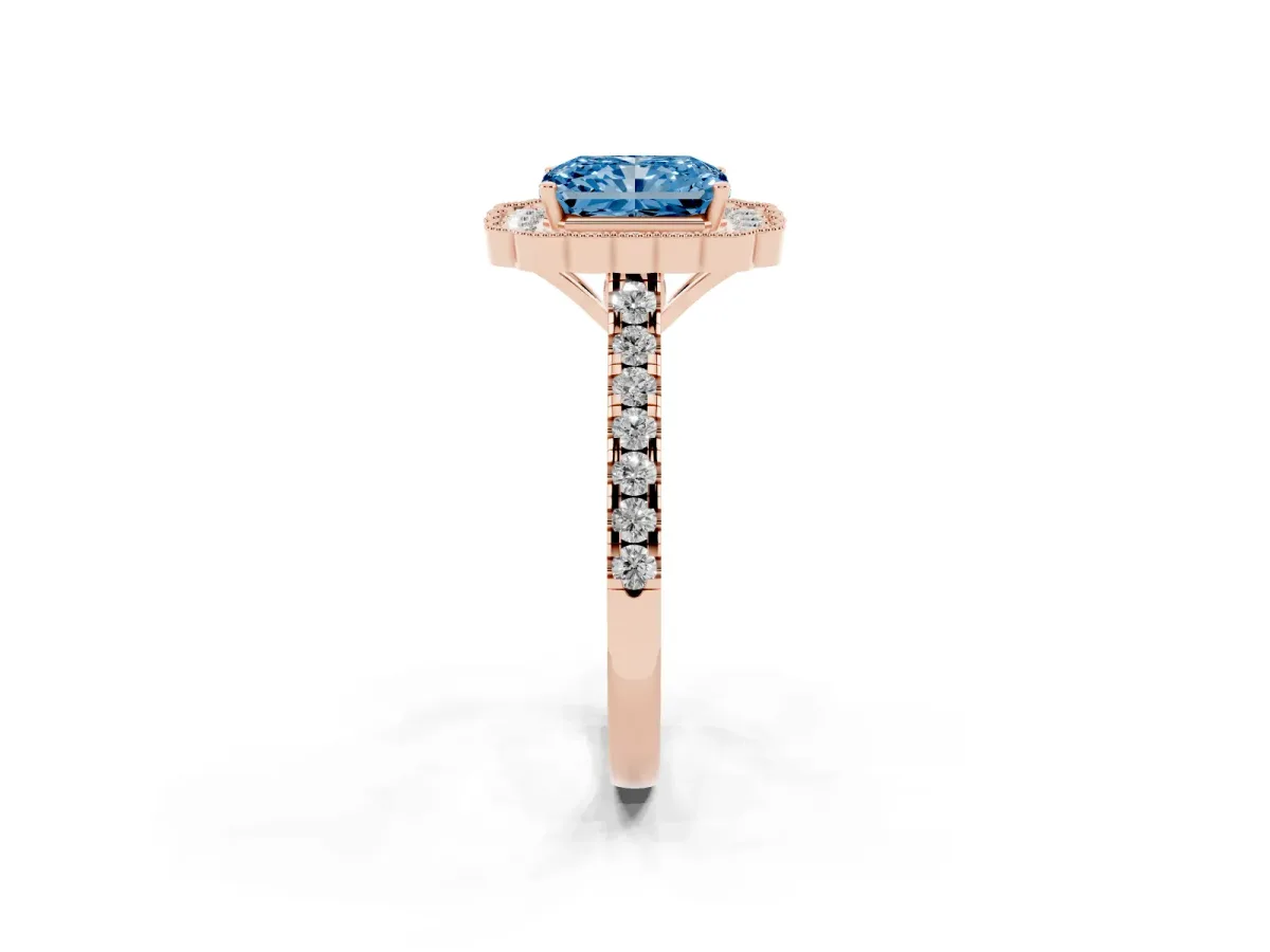 Fancy Blue Radiant Cut Cut Diamond Milgrain Floral Halo Engagement Ring with Pavé Band Rose gold