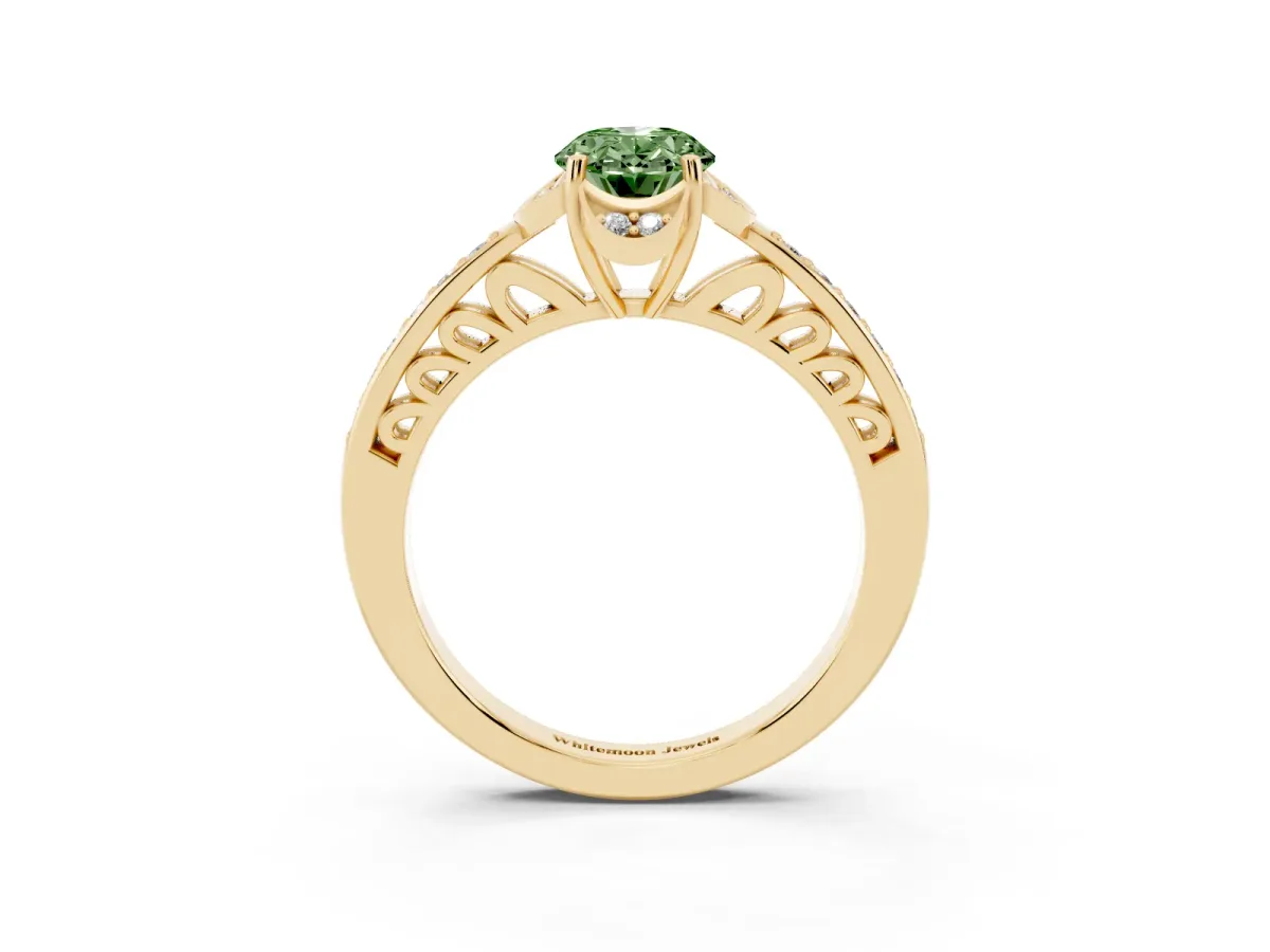 Fancy Green Oval Cut Cut Halo Diamond Ring with Channel Set Band and Four-Prong Setting Yellow gold