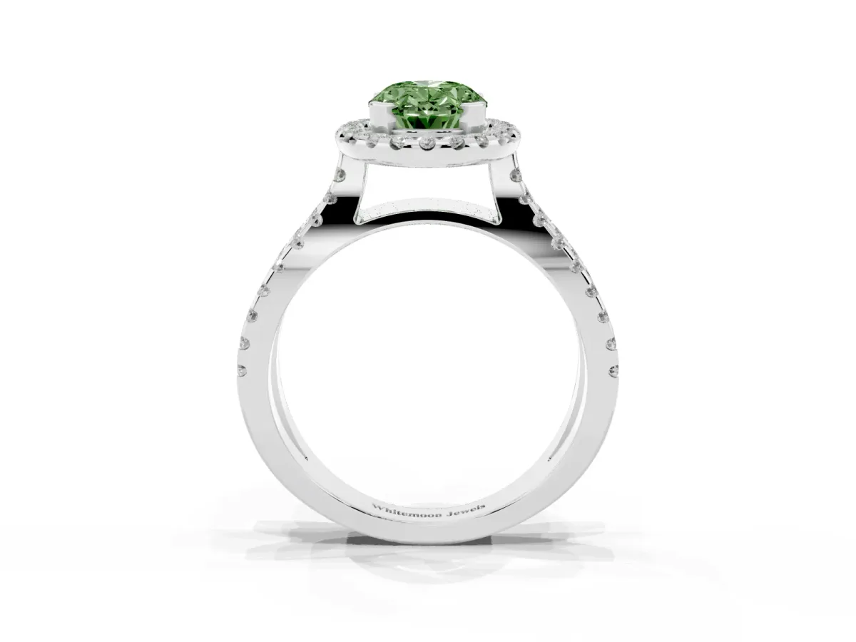 Fancy Green Oval Cut Diamond Halo Ring with Split Shank Pavé Band and Prong Setting Silver