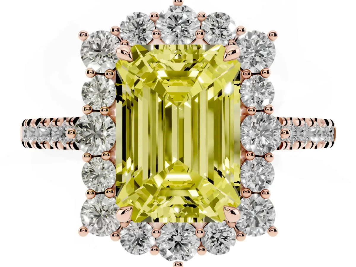 Fancy Yellow Emerald Cut Halo Diamond Ring with Pavé Band and Prong Setting Rose gold