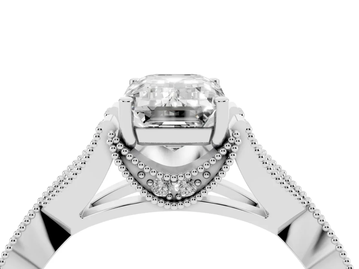 Emerald Cut Cut Diamond Twisted Band with Milgrain Pave Setting and Four-Prong Setting Silver
