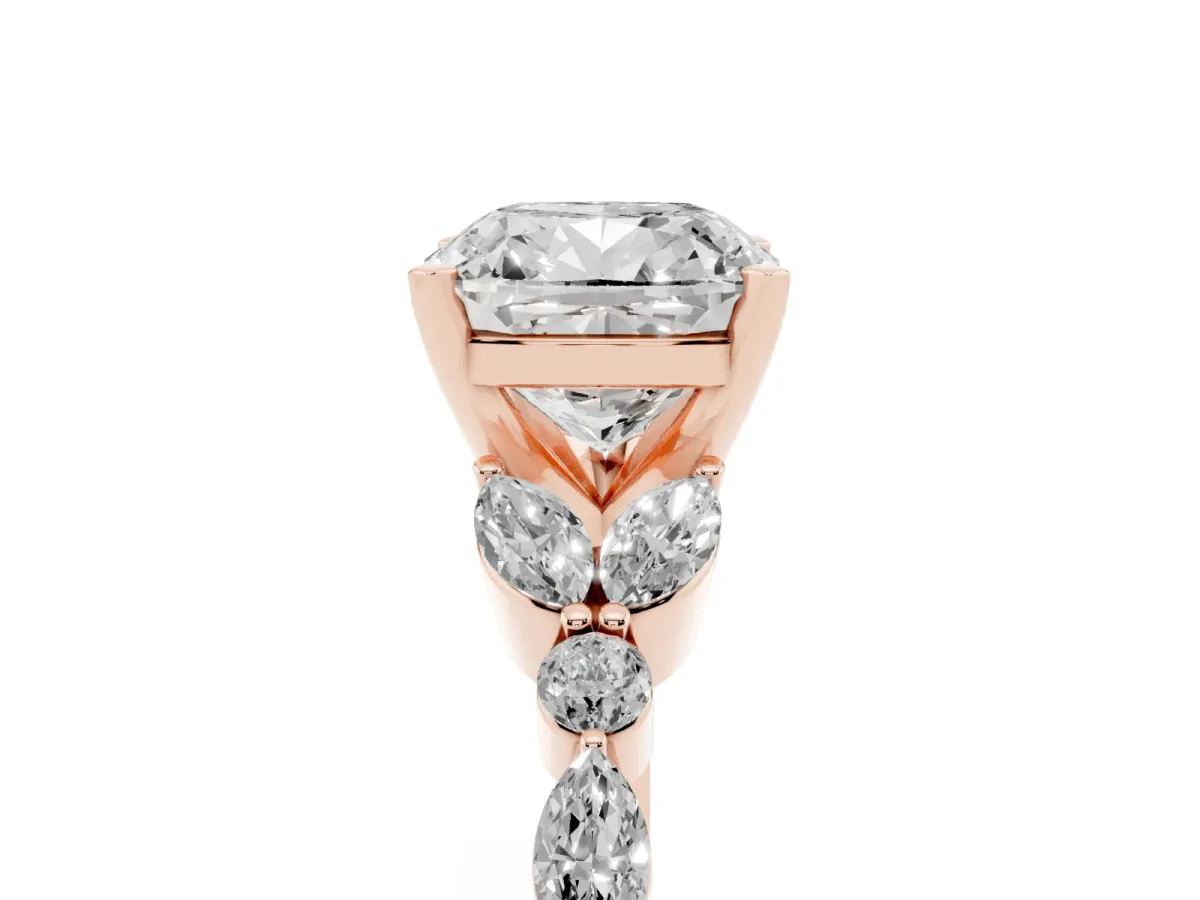 Cushion Cut Diamond Solitaire Ring with Side Stones and Four-Prong Setting Rose gold