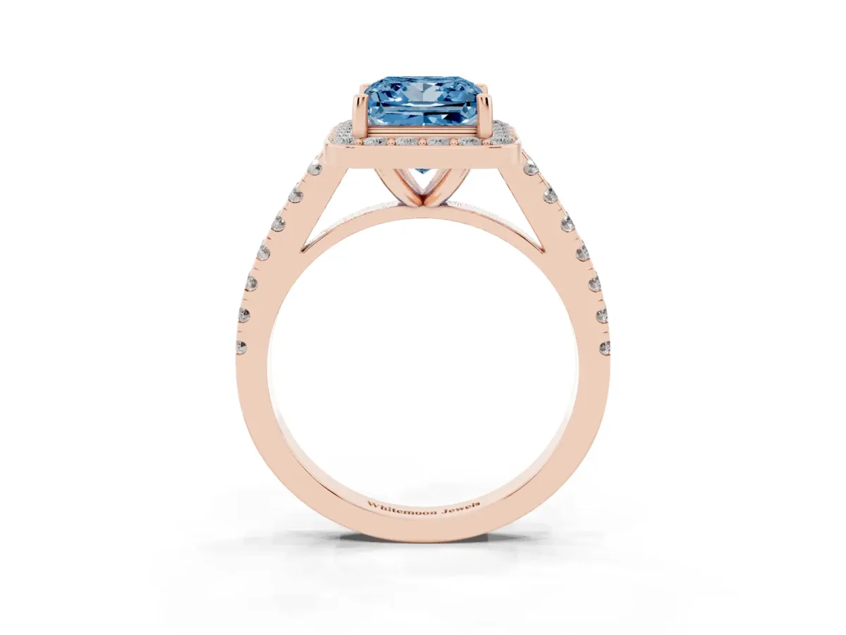 Fancy Blue Princess Cut Diamond Halo Ring with Round Pavé Split Shank and Prong Setting Rose gold