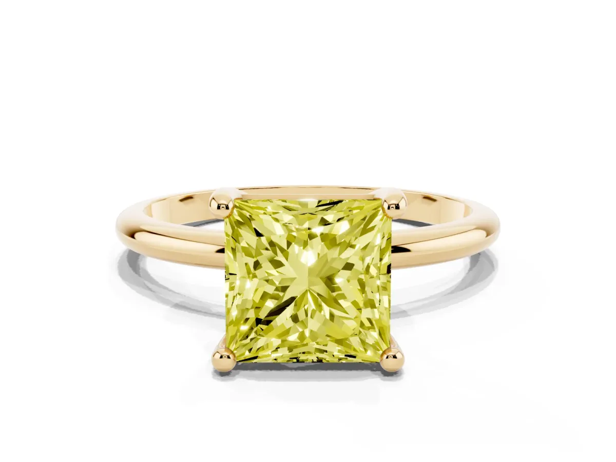 Fancy Yellow Princess Cut Solitaire Diamond Ring with 4-Prong Setting on a Classic Band Yellow gold