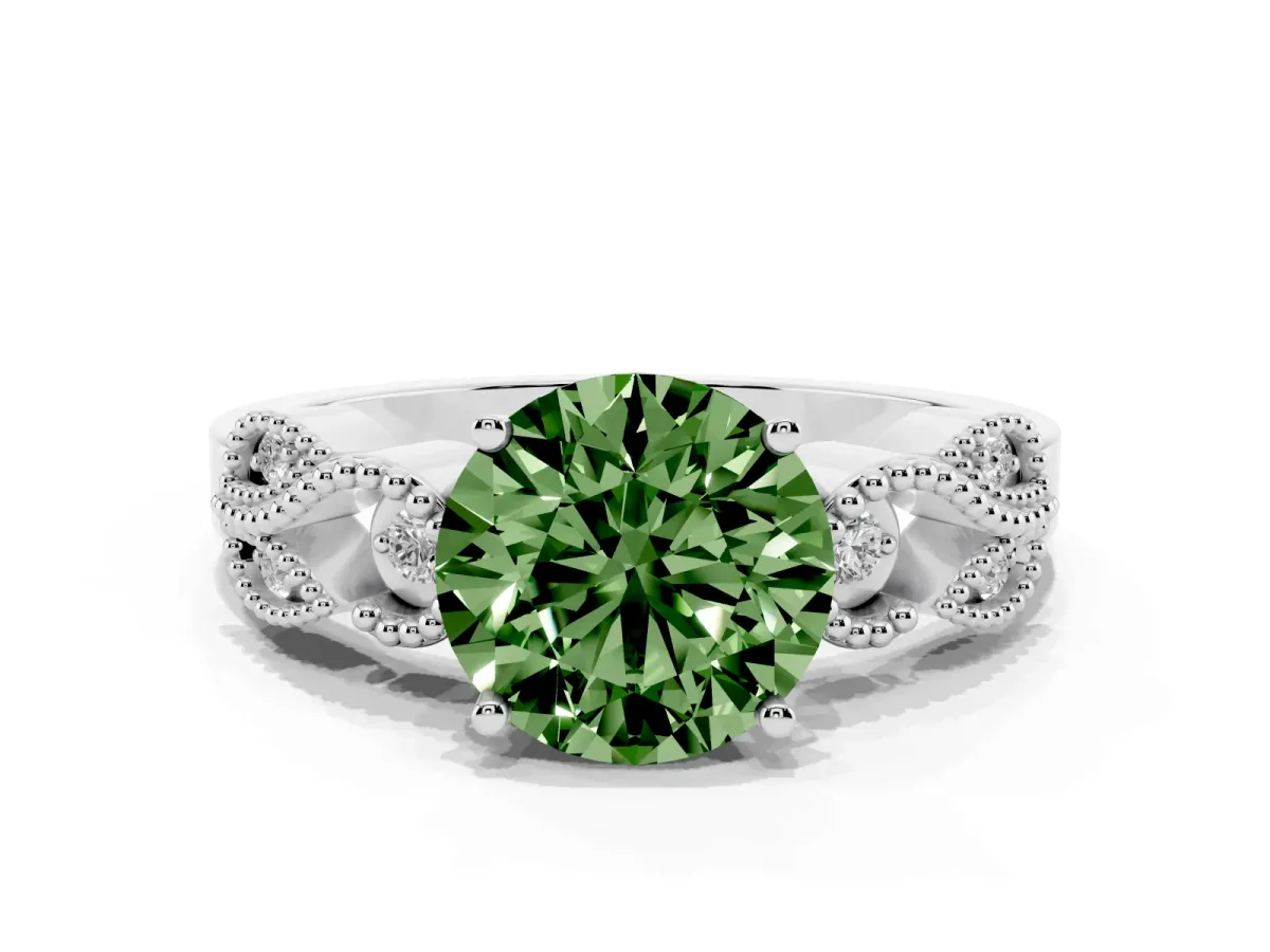 Fancy Green Round Cut Solitaire Milgrain Leaf Band with Prong Setting Silver
