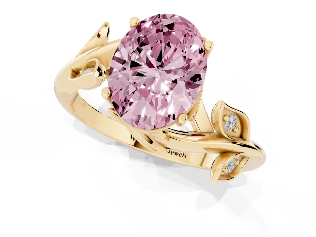 Fancy Pink Oval Cut Solitaire Twist Engagement Ring with Leaf Accents and Prong Setting Yellow gold