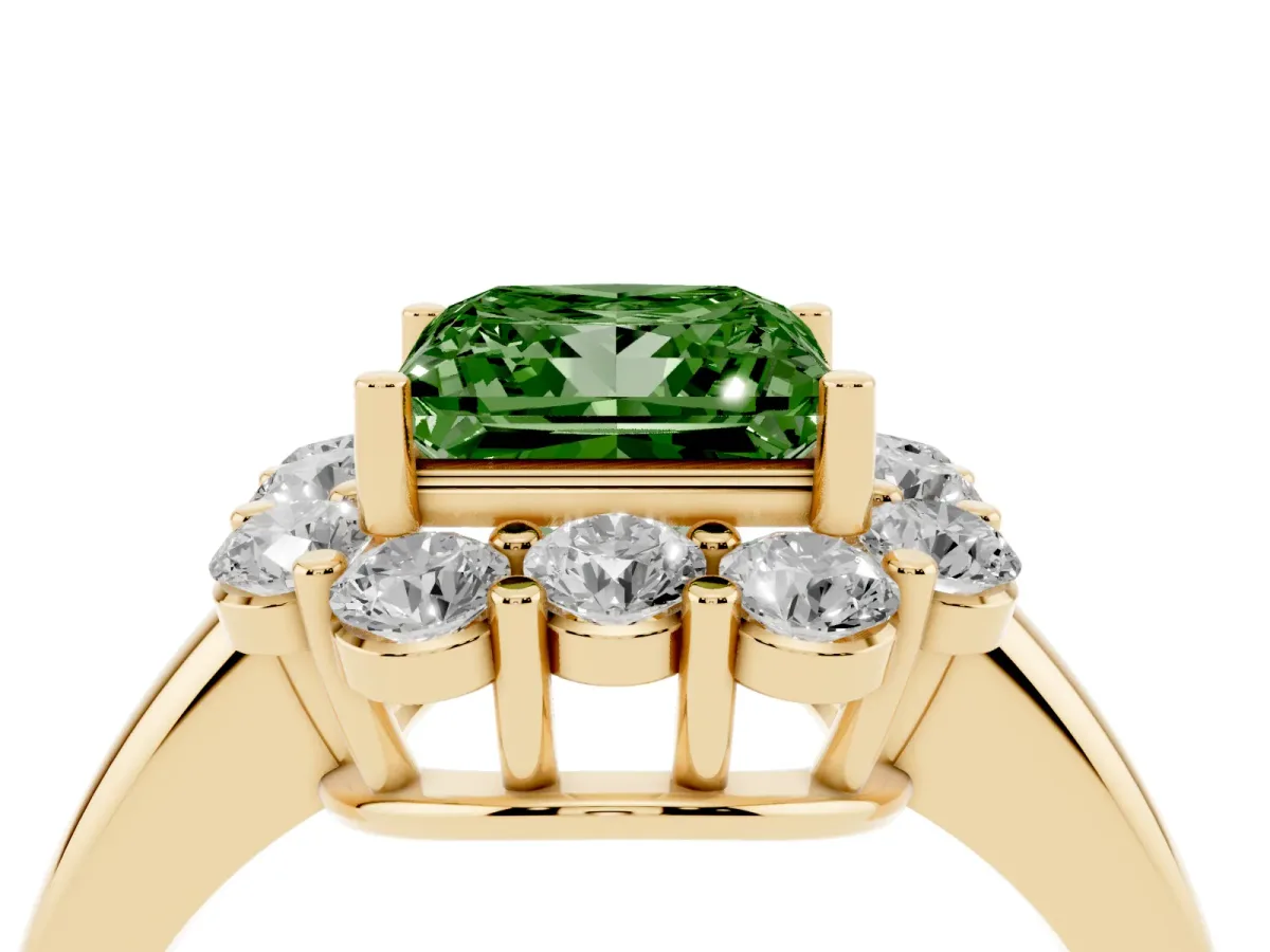 Fancy Green Princess Cut Halo Milgrain Solitaire with Bezel Set Side Stones and Pave Band Yellow gold