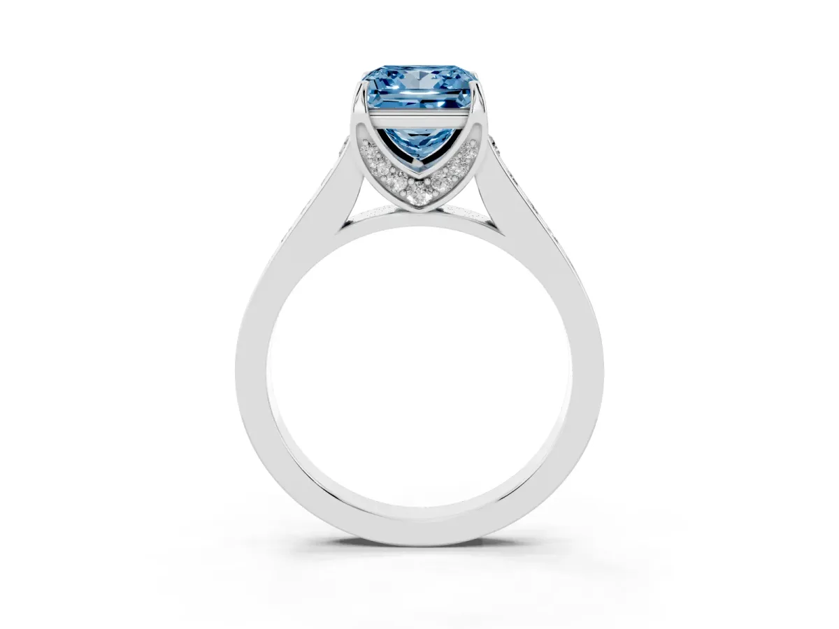 Fancy Blue Princess Cut Brilliant Cut Diamond Engagement Ring with Pavé Band and Four-Prong Setting Platinum