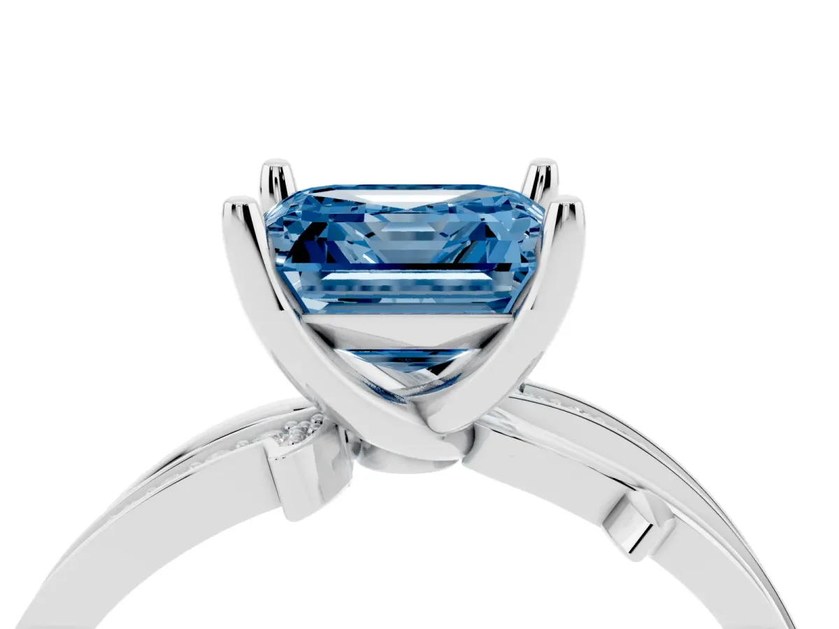Fancy Blue Asscher Cut Solitaire Twist Band with Pavé Accents and Four-Prong Setting White gold
